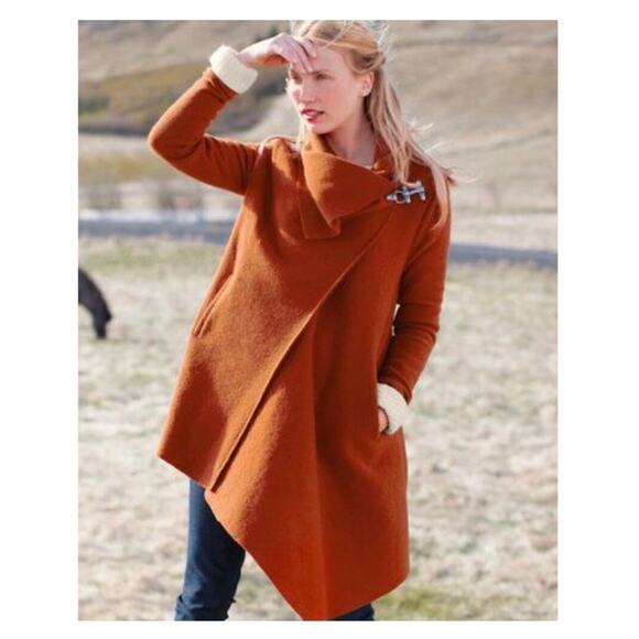 NWOT Garnet Hill Women's 4 Petite Boiled Wool Asymmetric Hem Coat Jacket Orange - Picture 1 of 11